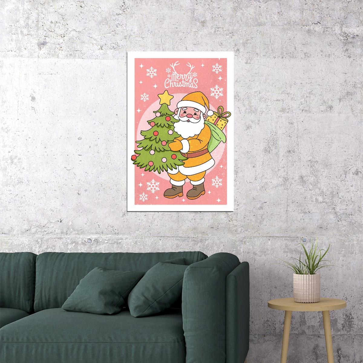 Merry Christmas Santa Poster Wall Art Print Pink Background Cute Retro Holiday Decor Perfect Gift for Christmas Lovers - xonomax