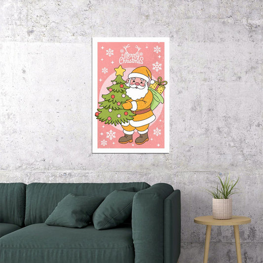 Merry Christmas Santa Poster Wall Art Print Pink Background Cute Retro Holiday Decor Perfect Gift for Christmas Lovers - xonomax