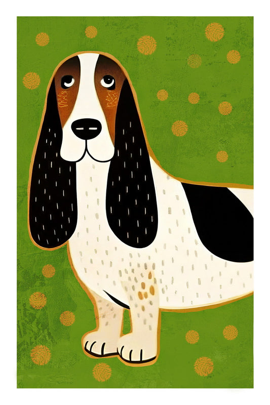 Playful Basset Hound Dog Poster Wall Art Print Colorful Pet Decor Whimsical Green Background Ideal for Kids Room - xonomax