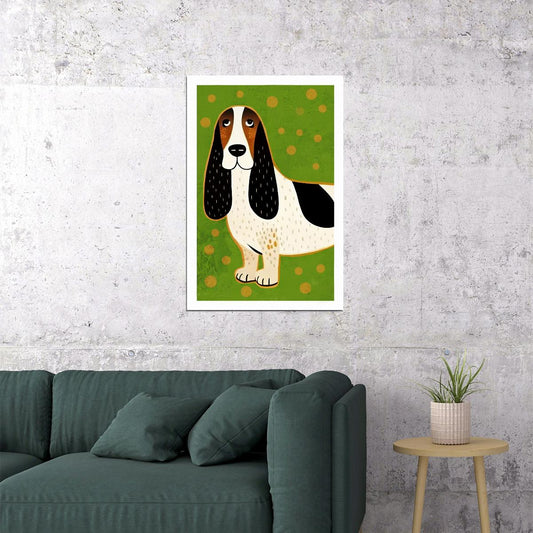 Playful Basset Hound Dog Poster Wall Art Print Colorful Pet Decor Whimsical Green Background Ideal for Kids Room - xonomax