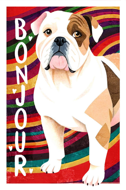 Bonjour Bulldog Dog Poster Wall Art Print French Style Colorful Pop Art Decor Vibrant Pet Lover Gift