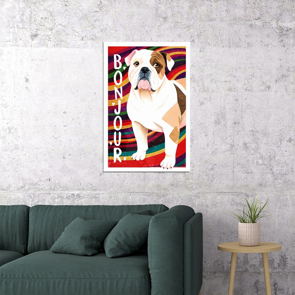 Bonjour Bulldog Dog Poster Wall Art Print French Style Colorful Pop Art Decor Vibrant Pet Lover Gift