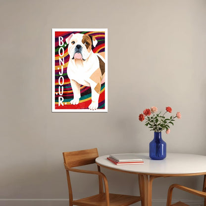 Bonjour Bulldog Dog Poster Wall Art Print French Style Colorful Pop Art Decor Vibrant Pet Lover Gift