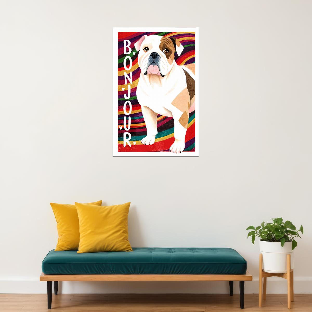 Bonjour Bulldog Dog Poster Wall Art Print French Style Colorful Pop Art Decor Vibrant Pet Lover Gift