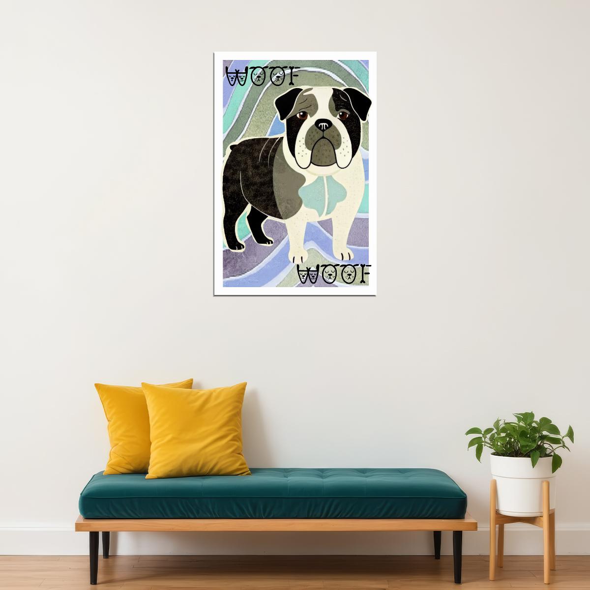Woof Woof Bulldog Dog Poster Wall Art Print Fun Retro Pop Art Decor Unique Gift for Dog Lovers - xonomax