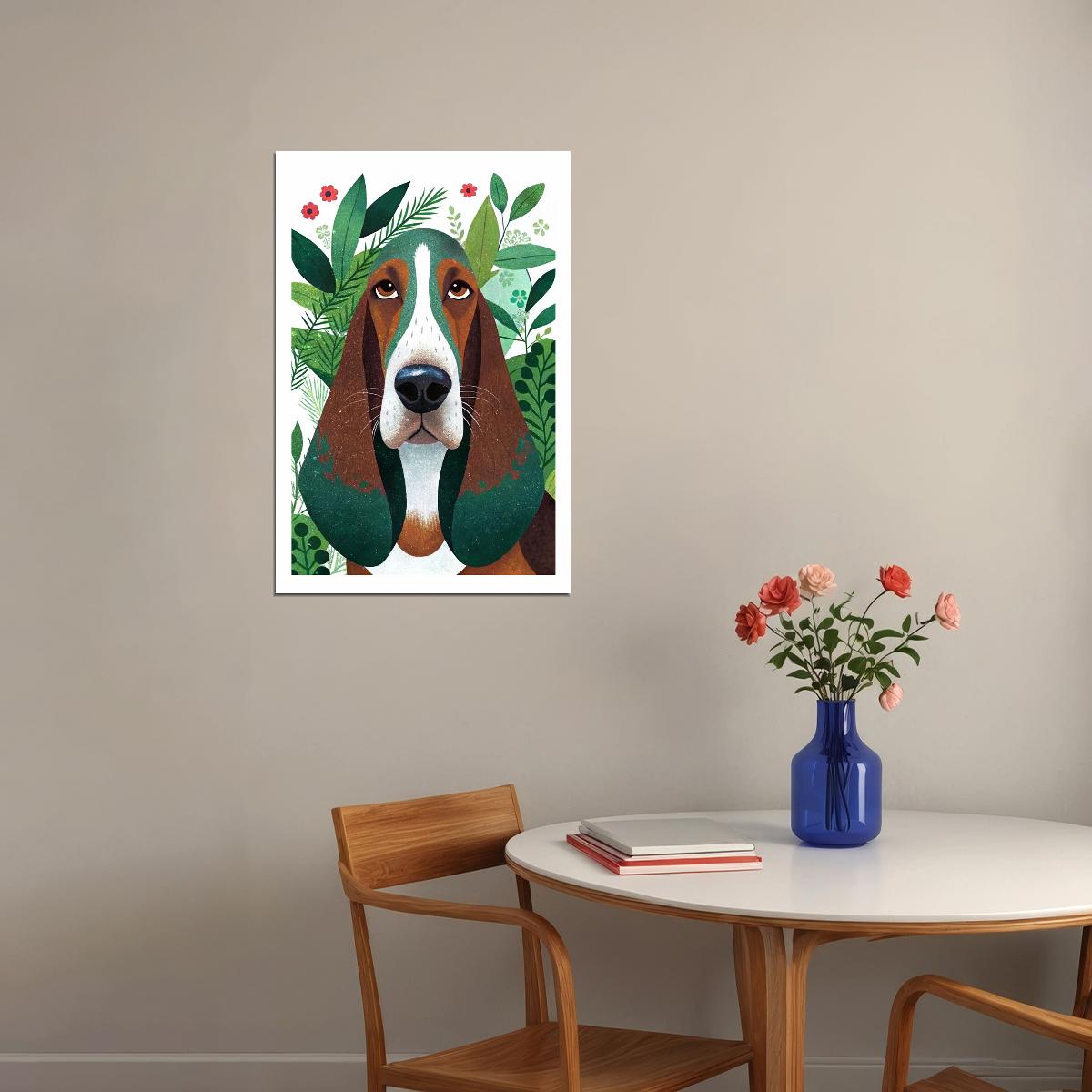 Charming Hound Dog Poster Wall Art Print Boho Dog Decor Greenery Elements Perfect Pet Lover Gift - xonomax