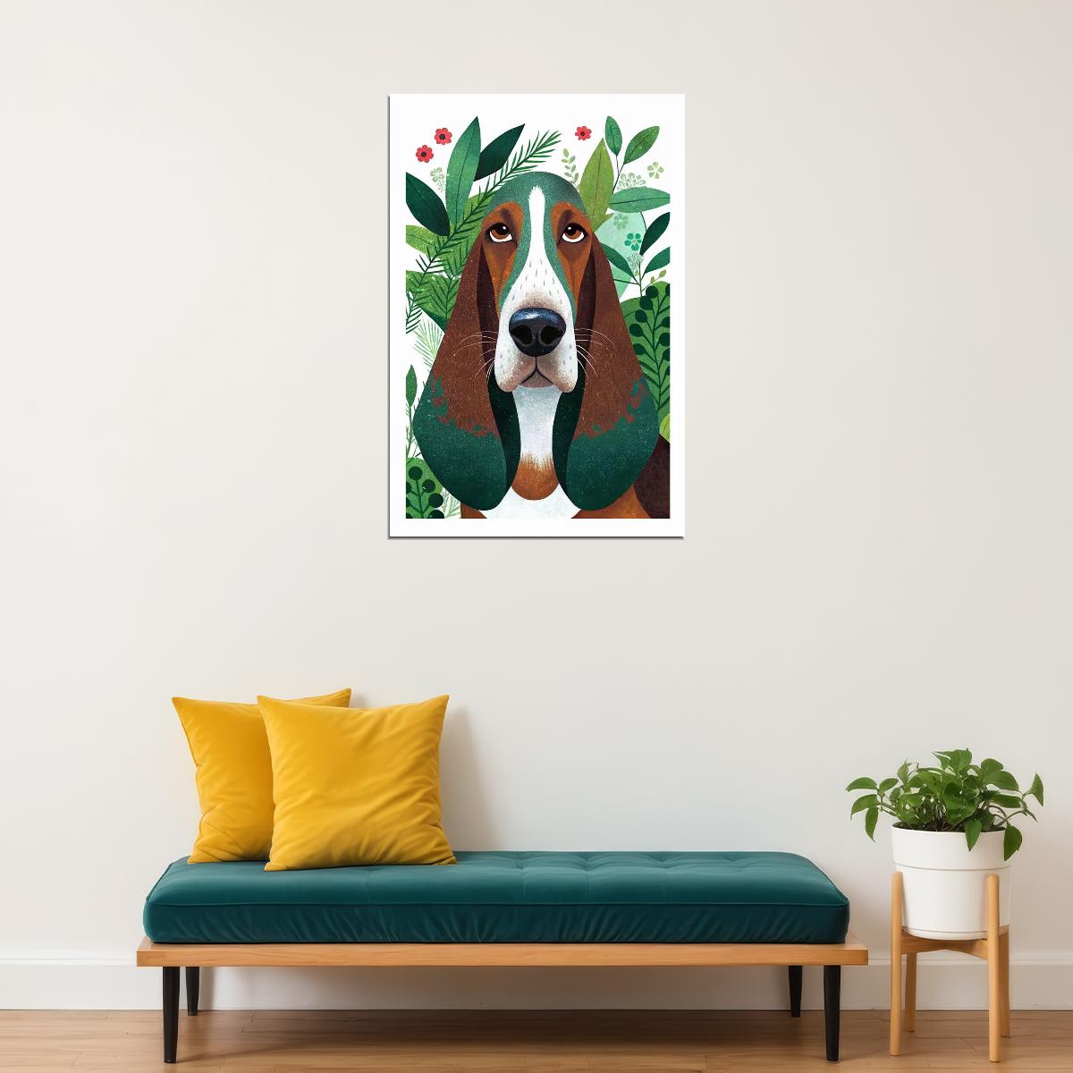 Charming Hound Dog Poster Wall Art Print Boho Dog Decor Greenery Elements Perfect Pet Lover Gift - xonomax