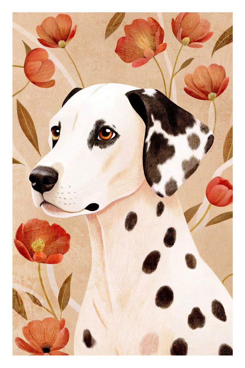Classic Dalmatian Dog Poster Wall Art Print Chic Boho Pet Decor with Red Poppy Flowers Nostalgic Style - xonomax