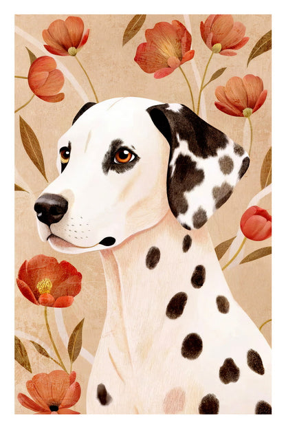 Classic Dalmatian Dog Poster Wall Art Print Chic Boho Pet Decor with Red Poppy Flowers Nostalgic Style - xonomax