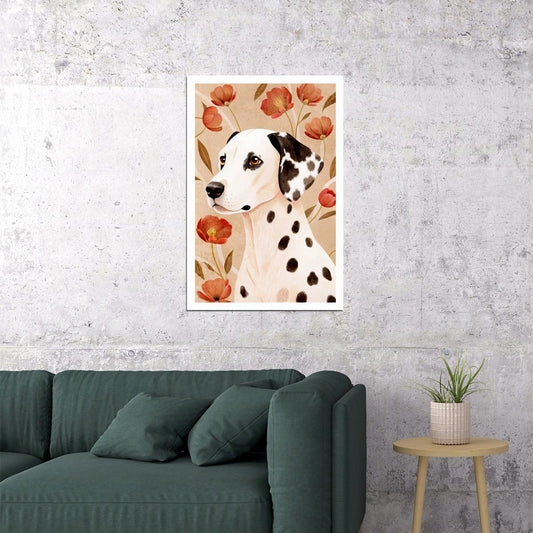 Classic Dalmatian Dog Poster Wall Art Print Chic Boho Pet Decor with Red Poppy Flowers Nostalgic Style - xonomax