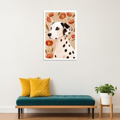 Classic Dalmatian Dog Poster Wall Art Print Chic Boho Pet Decor with Red Poppy Flowers Nostalgic Style - xonomax