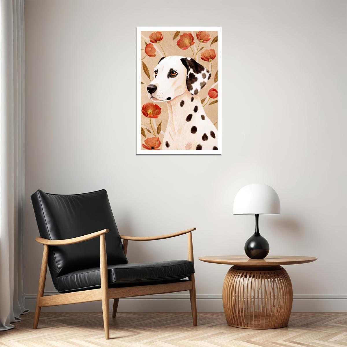 Classic Dalmatian Dog Poster Wall Art Print Chic Boho Pet Decor with Red Poppy Flowers Nostalgic Style - xonomax