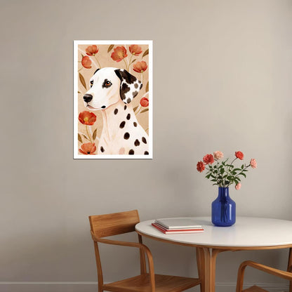 Classic Dalmatian Dog Poster Wall Art Print Chic Boho Pet Decor with Red Poppy Flowers Nostalgic Style - xonomax