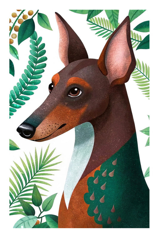 Tropical Doberman Dog Poster Wall Art Print Whimsical Botanical Decor with Jungle Vibe Perfect for Pet Lovers
