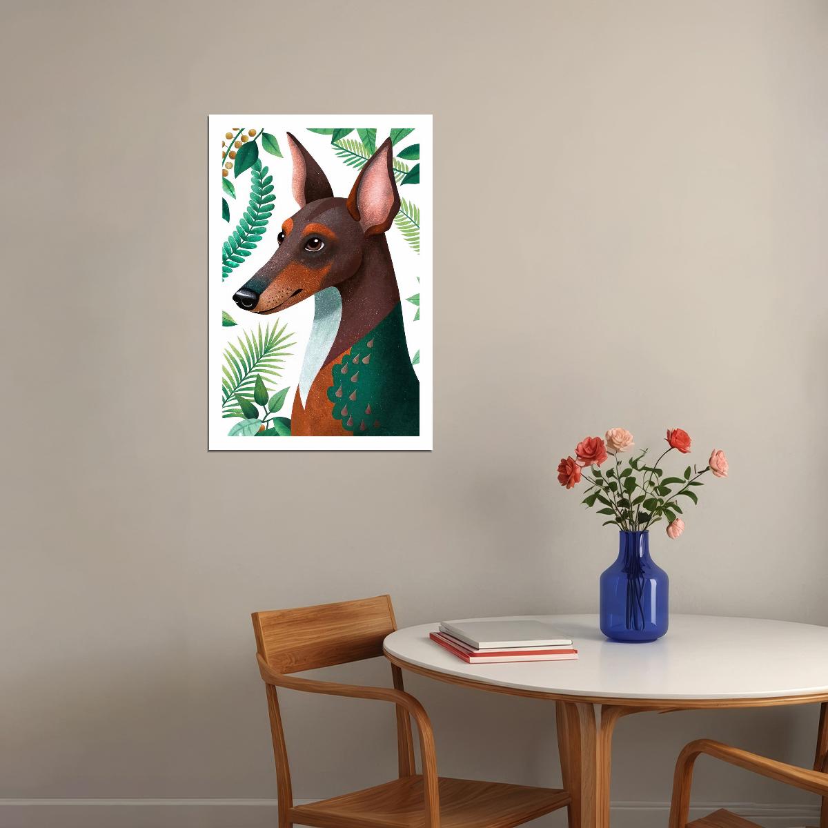 Tropical Doberman Dog Poster Wall Art Print Whimsical Botanical Decor with Jungle Vibe Perfect for Pet Lovers