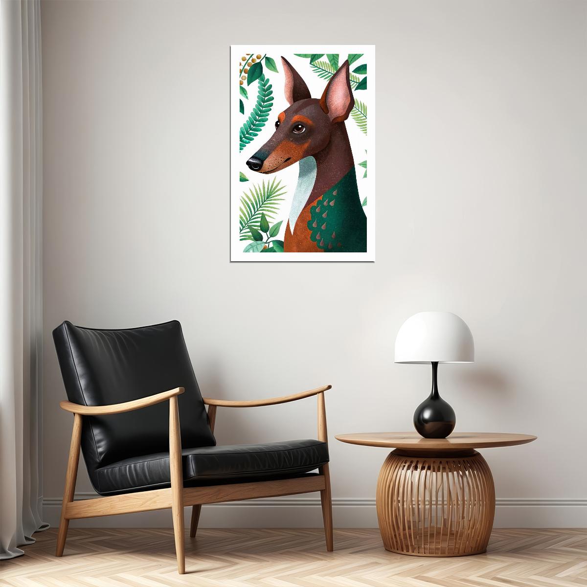 Tropical Doberman Dog Poster Wall Art Print Whimsical Botanical Decor with Jungle Vibe Perfect for Pet Lovers