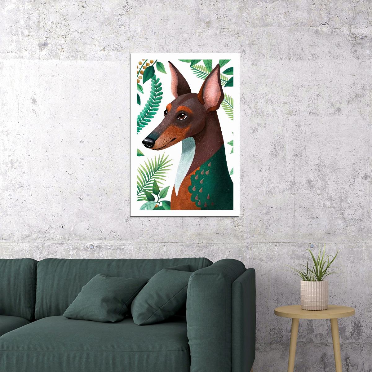 Tropical Doberman Dog Poster Wall Art Print Whimsical Botanical Decor with Jungle Vibe Perfect for Pet Lovers