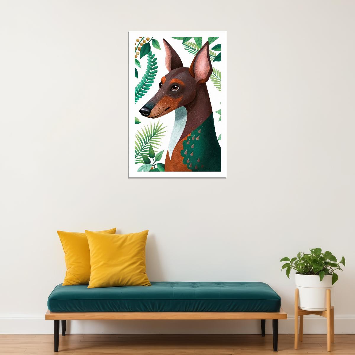 Tropical Doberman Dog Poster Wall Art Print Whimsical Botanical Decor with Jungle Vibe Perfect for Pet Lovers