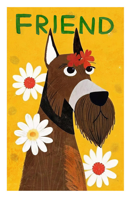 Friend Schnauzer Dog Poster Wall Art Print Fun Colorful Decor with Floral Elements Ideal Gift for Dog Enthusiasts - xonomax