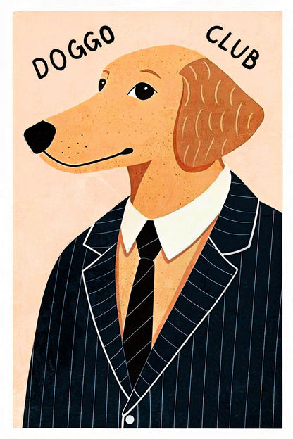 Doggo Club Dog Poster Wall Art Print Whimsical Pet Decor Dapper Dog in Suit Retro Style for Dog Lovers