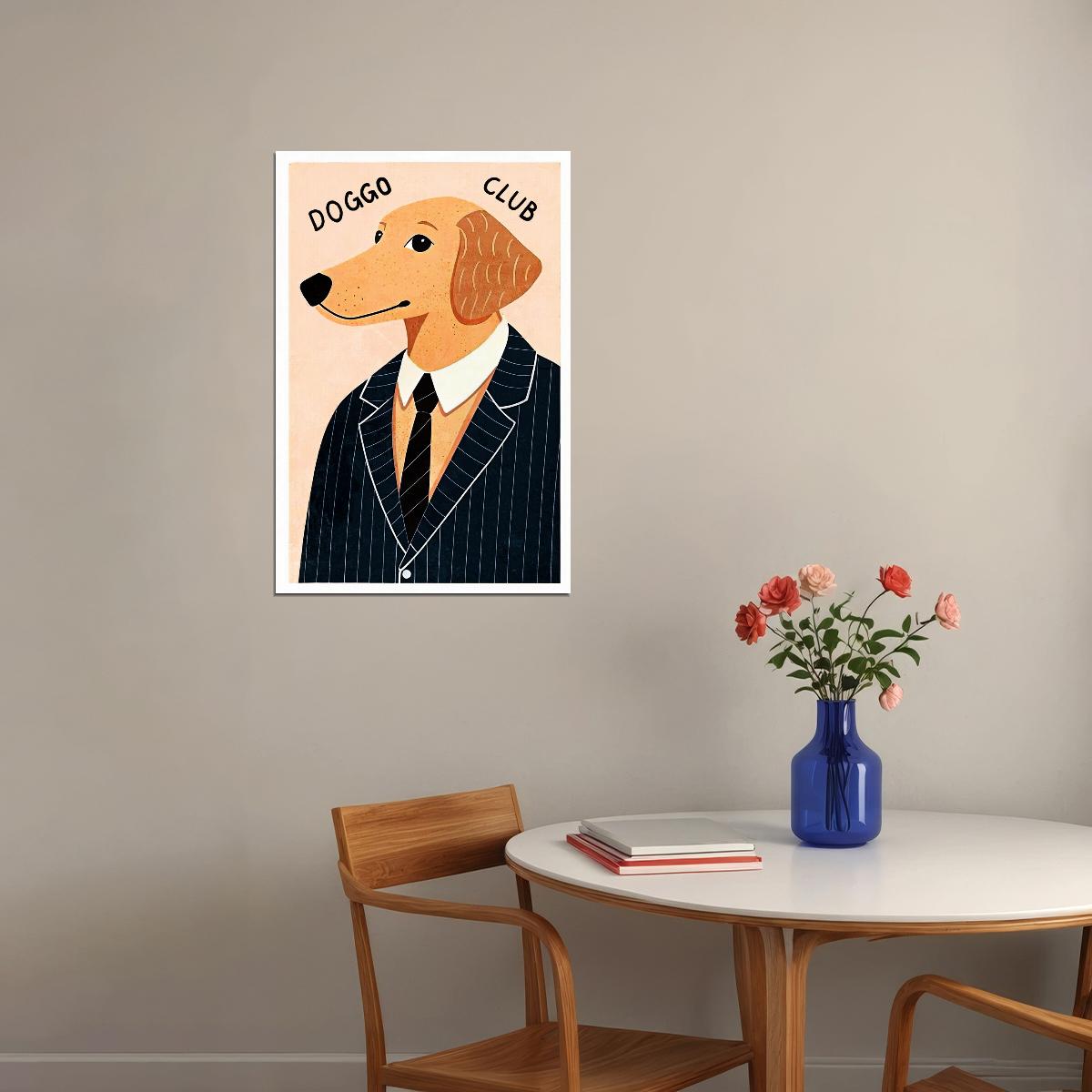 Doggo Club Dog Poster Wall Art Print Whimsical Pet Decor Dapper Dog in Suit Retro Style for Dog Lovers