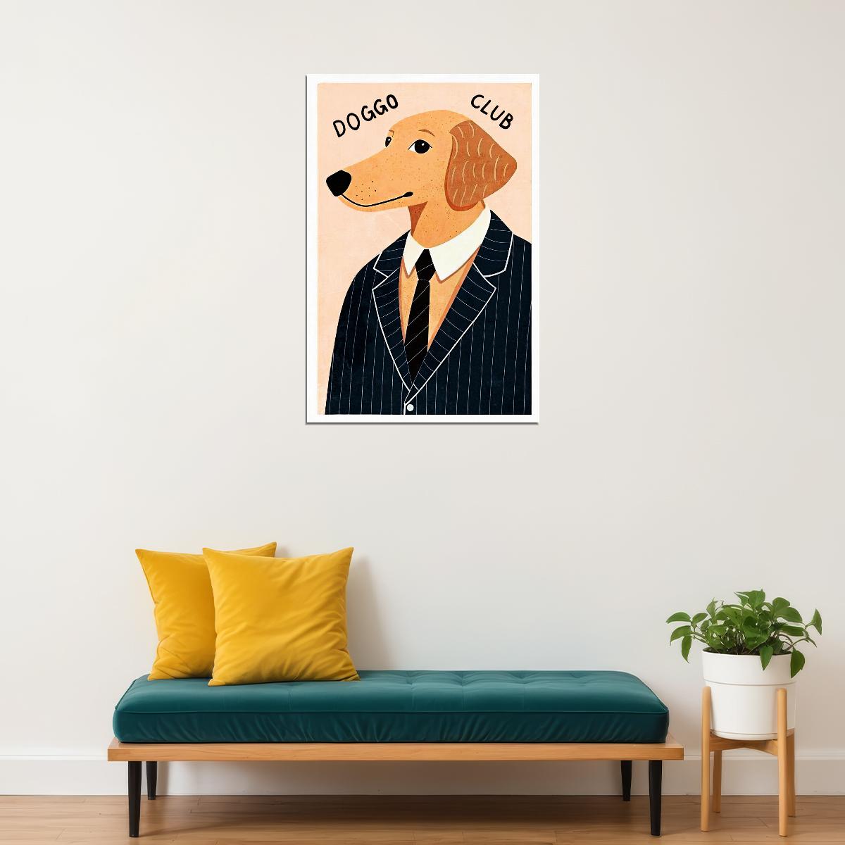 Doggo Club Dog Poster Wall Art Print Whimsical Pet Decor Dapper Dog in Suit Retro Style for Dog Lovers