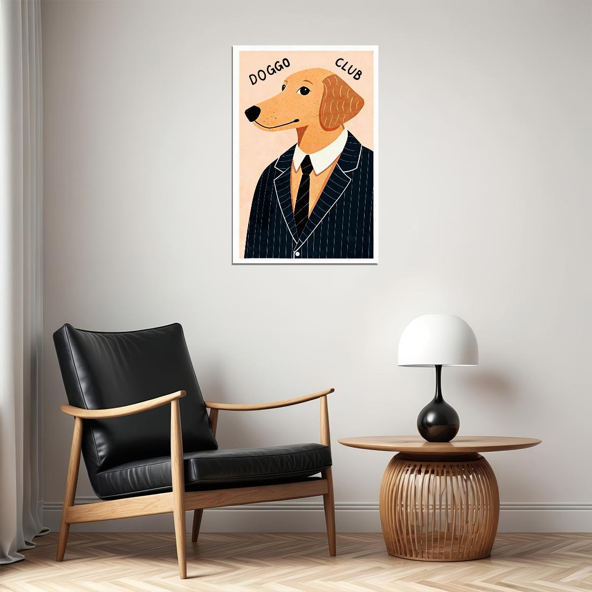 Doggo Club Dog Poster Wall Art Print Whimsical Pet Decor Dapper Dog in Suit Retro Style for Dog Lovers