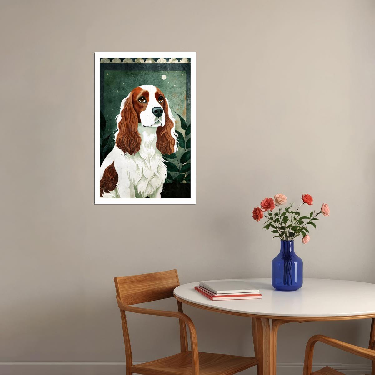 Regal Spaniel Dog Poster Wall Art Print Elegant Classic Pet Decor with Greenery Stylish Gift for Dog Enthusiasts - xonomax