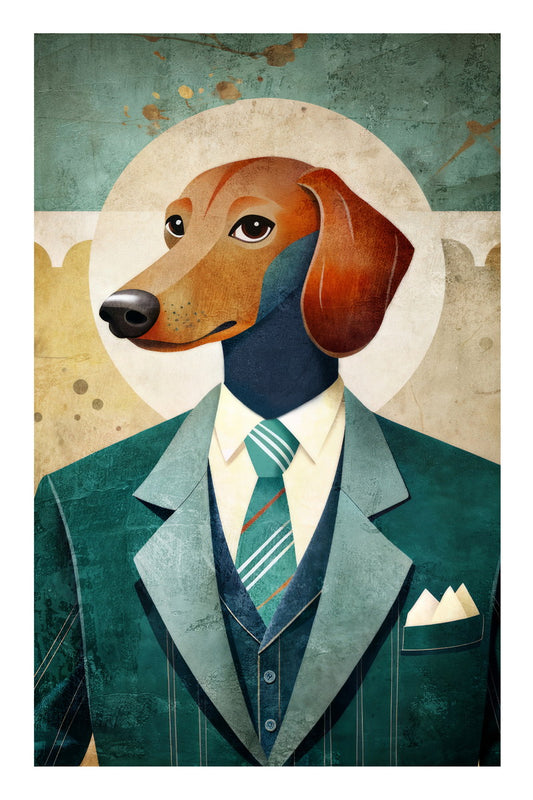 Saintly Dog Portrait Poster Wall Art Print Whimsical Pet Decor Dog in Suit with Halo Vintage Style for Dog Lovers