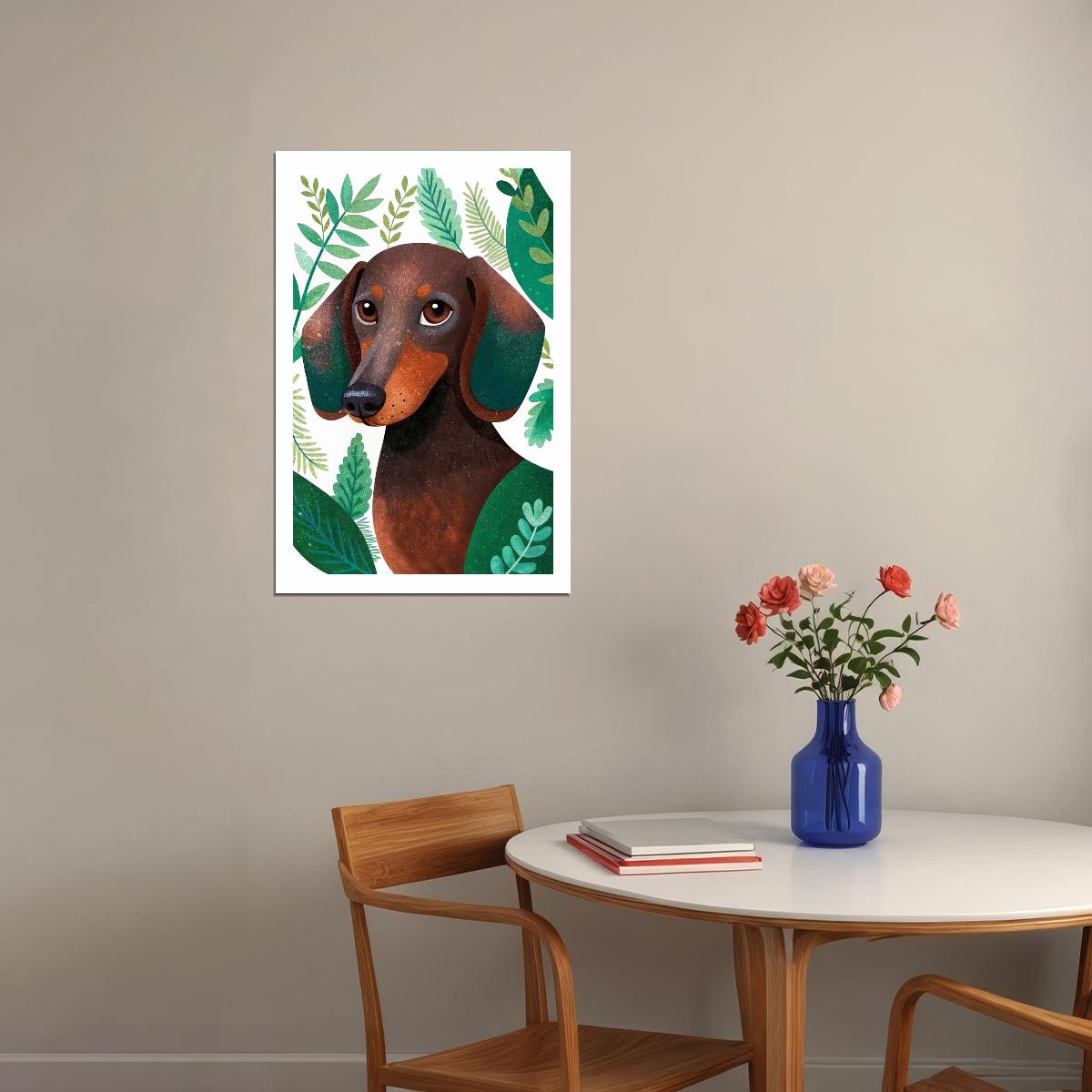 Botanical Dachshund Dog Poster Wall Art Print Whimsical Pet Decor Greenery Elements Perfect Dog Lover Gift - xonomax