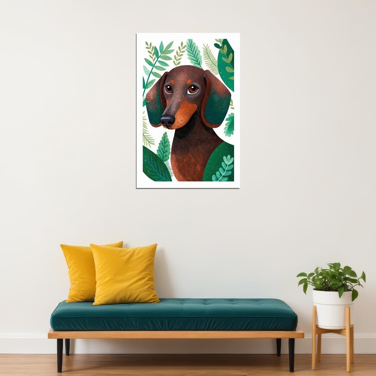 Botanical Dachshund Dog Poster Wall Art Print Whimsical Pet Decor Greenery Elements Perfect Dog Lover Gift - xonomax