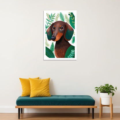 Botanical Dachshund Dog Poster Wall Art Print Whimsical Pet Decor Greenery Elements Perfect Dog Lover Gift - xonomax