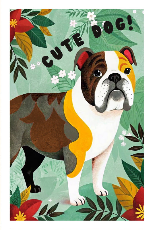 Cute Dog! Bulldog Poster Wall Art Print Colorful Playful Decor Fun Tropical Elements Perfect Gift for Pet Lovers