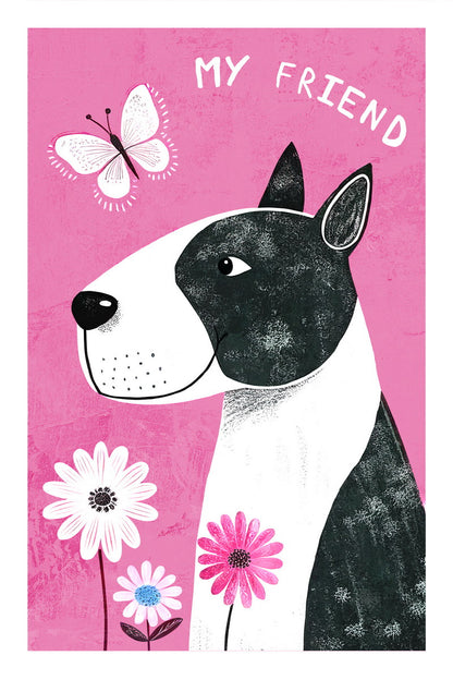 My Friend Dog Poster Wall Art Print Adorable Pet Decor Pink Background Flowers Perfect for Kids Room or Dog Lovers