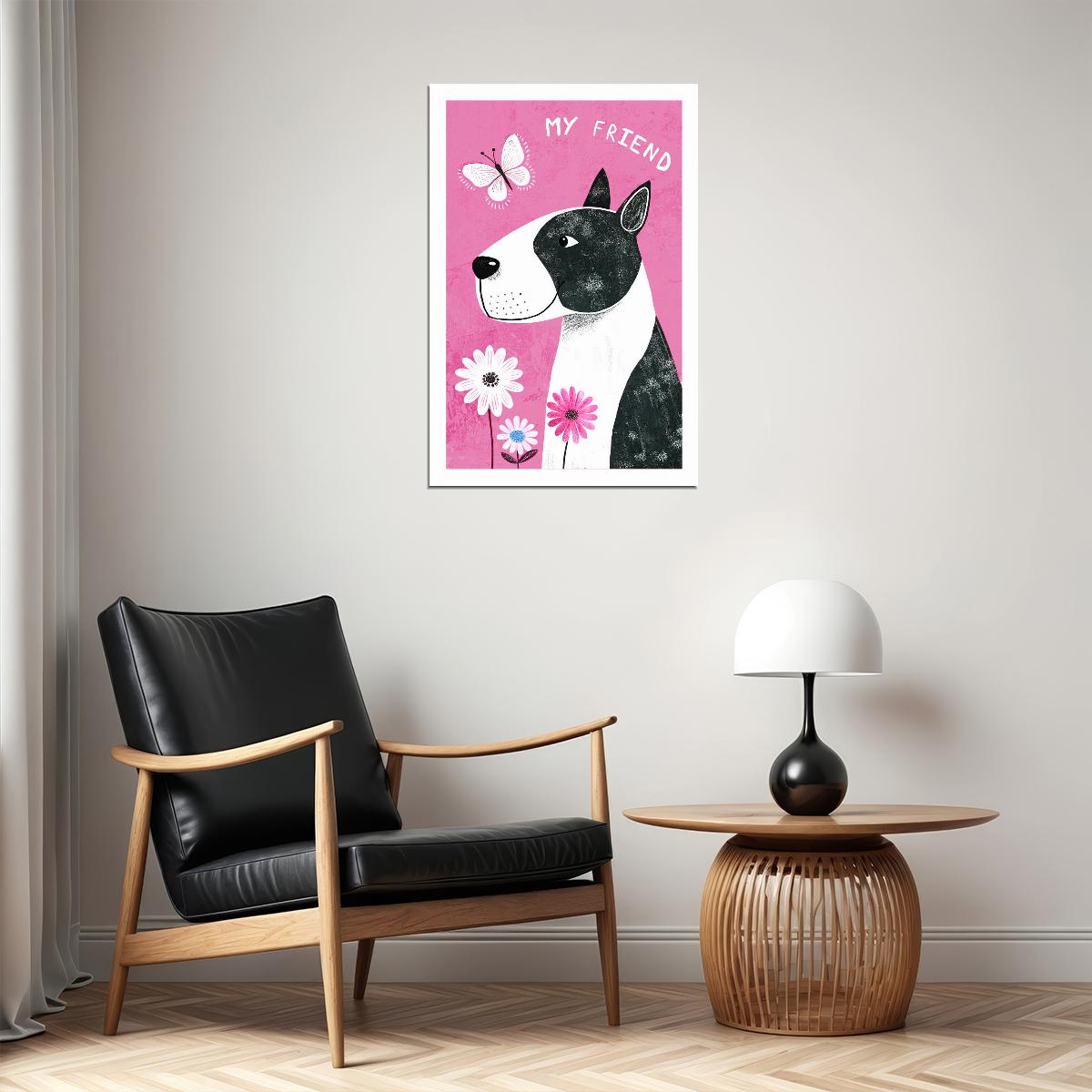 My Friend Dog Poster Wall Art Print Adorable Pet Decor Pink Background Flowers Perfect for Kids Room or Dog Lovers