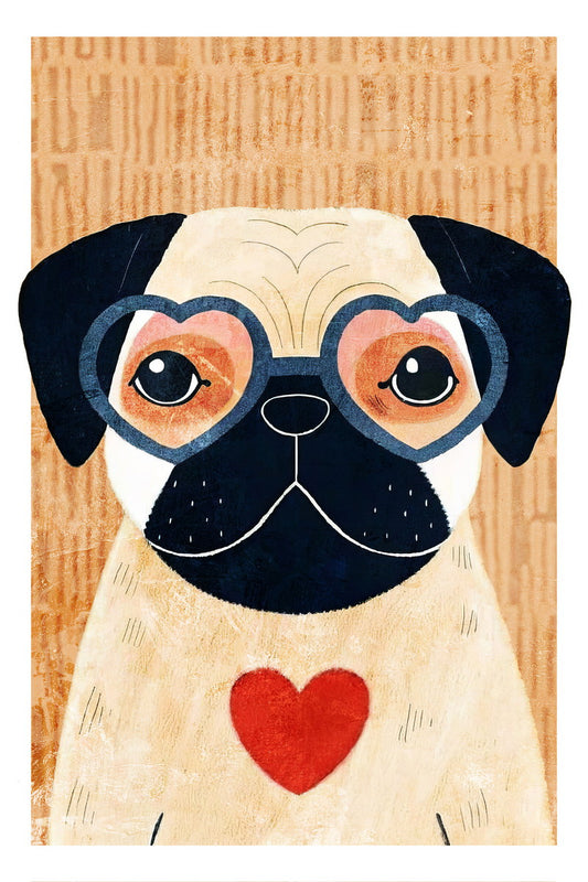 Pug with Heart Dog Poster Wall Art Print Cute Pet Decor Playful Illustration Retro Style Perfect for Dog Lovers - xonomax