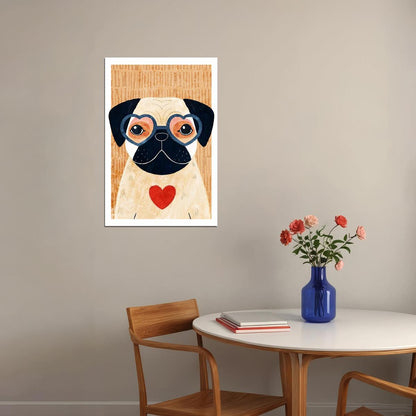 Pug with Heart Dog Poster Wall Art Print Cute Pet Decor Playful Illustration Retro Style Perfect for Dog Lovers - xonomax