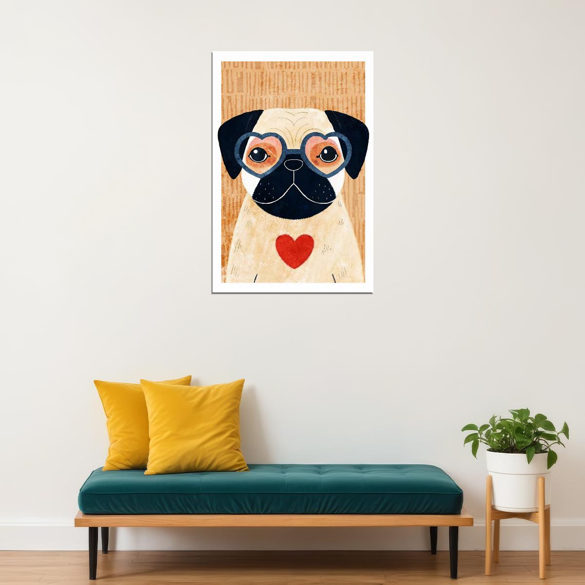 Pug with Heart Dog Poster Wall Art Print Cute Pet Decor Playful Illustration Retro Style Perfect for Dog Lovers - xonomax