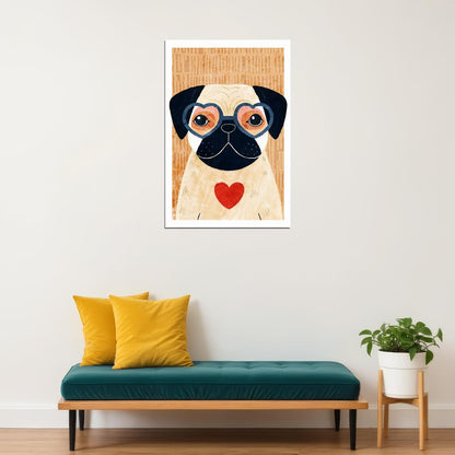Pug with Heart Dog Poster Wall Art Print Cute Pet Decor Playful Illustration Retro Style Perfect for Dog Lovers - xonomax
