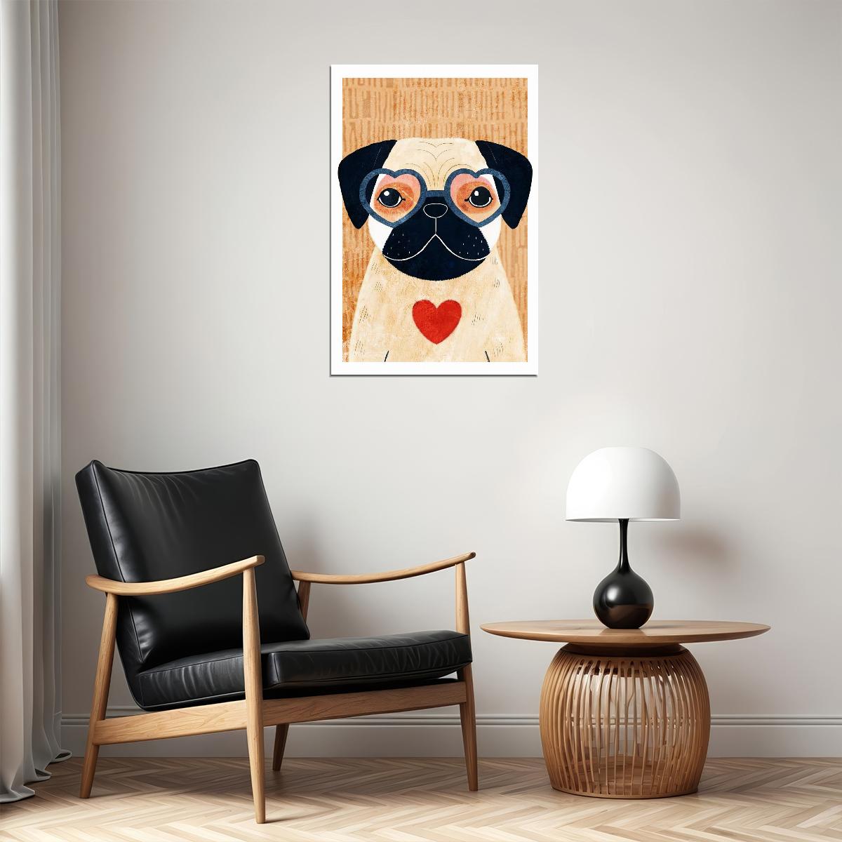 Pug with Heart Dog Poster Wall Art Print Cute Pet Decor Playful Illustration Retro Style Perfect for Dog Lovers - xonomax