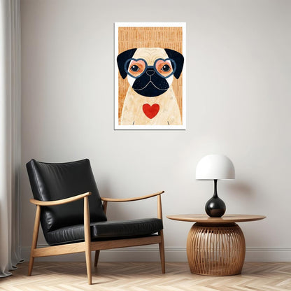 Pug with Heart Dog Poster Wall Art Print Cute Pet Decor Playful Illustration Retro Style Perfect for Dog Lovers - xonomax