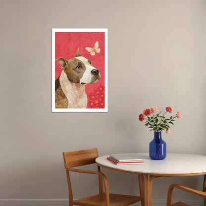 Butterfly Companion Dog Poster Wall Art Print Gentle Pet Decor Soft Pink Background Nature-Inspired Dog Lover Gift - xonomax