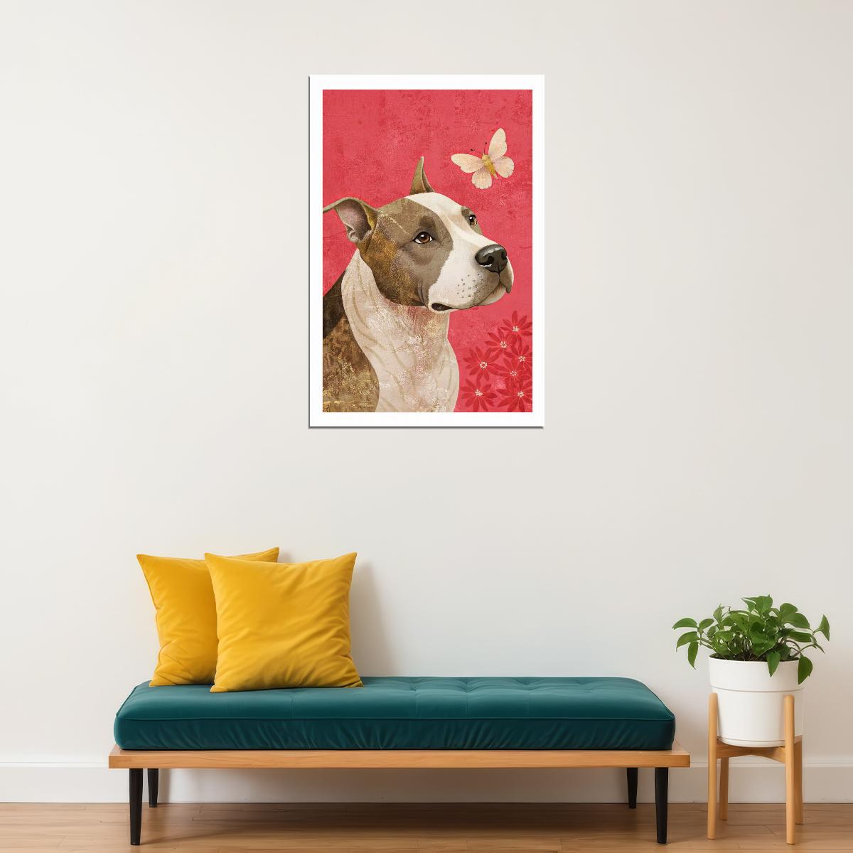 Butterfly Companion Dog Poster Wall Art Print Gentle Pet Decor Soft Pink Background Nature-Inspired Dog Lover Gift - xonomax