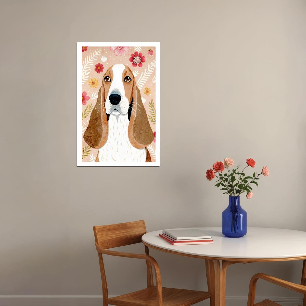Elegant Basset Hound Dog Poster Wall Art Print Botanical Decor Pink Floral Background Whimsical Dog Lover Gift - xonomax