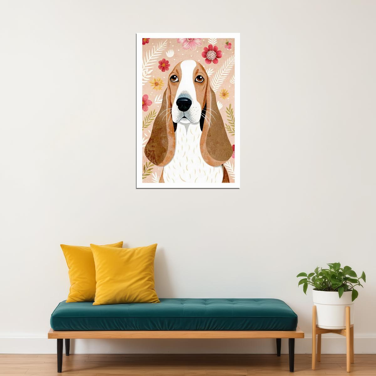 Elegant Basset Hound Dog Poster Wall Art Print Botanical Decor Pink Floral Background Whimsical Dog Lover Gift - xonomax