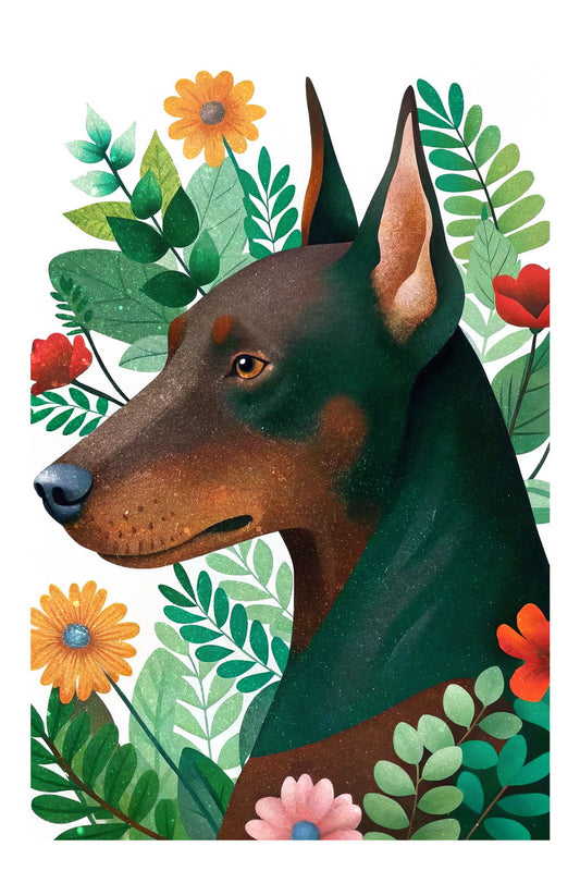 Tropical Doberman Dog Poster Wall Art Print Whimsical Botanical Decor Greenery Flowers Perfect Pet Lover Gift