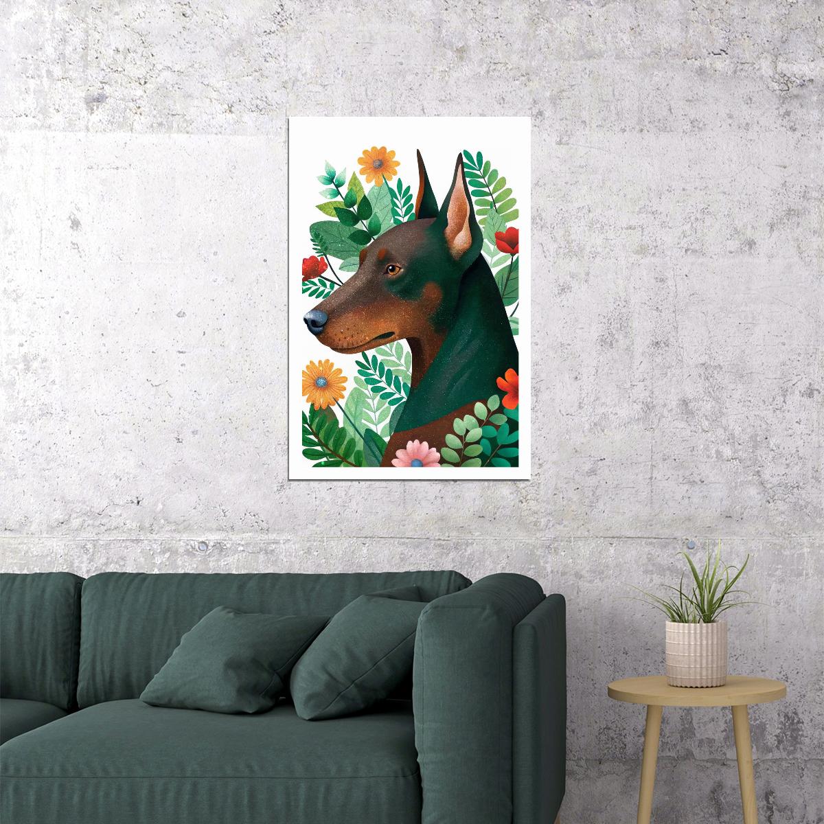 Tropical Doberman Dog Poster Wall Art Print Whimsical Botanical Decor Greenery Flowers Perfect Pet Lover Gift