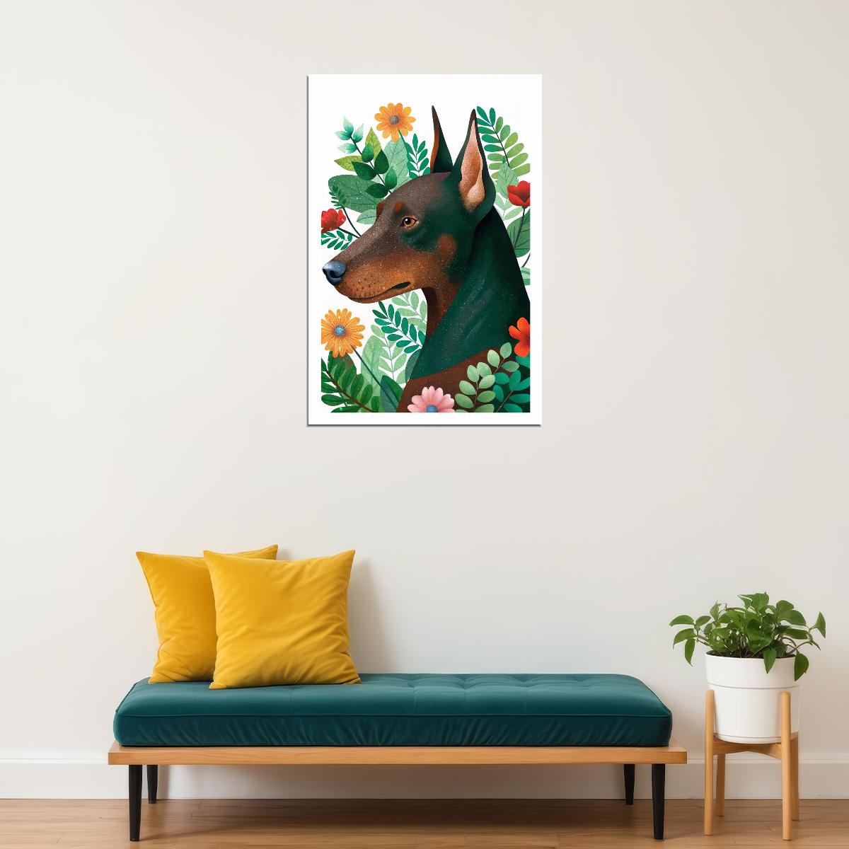 Tropical Doberman Dog Poster Wall Art Print Whimsical Botanical Decor Greenery Flowers Perfect Pet Lover Gift