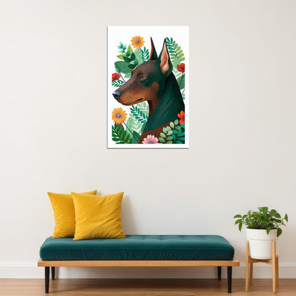 Tropical Doberman Dog Poster Wall Art Print Whimsical Botanical Decor Greenery Flowers Perfect Pet Lover Gift
