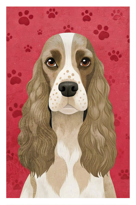 Classy Spaniel Dog Poster Wall Art Print Retro Pet Decor Red Background Whimsical Style Ideal for Dog Enthusiasts - xonomax